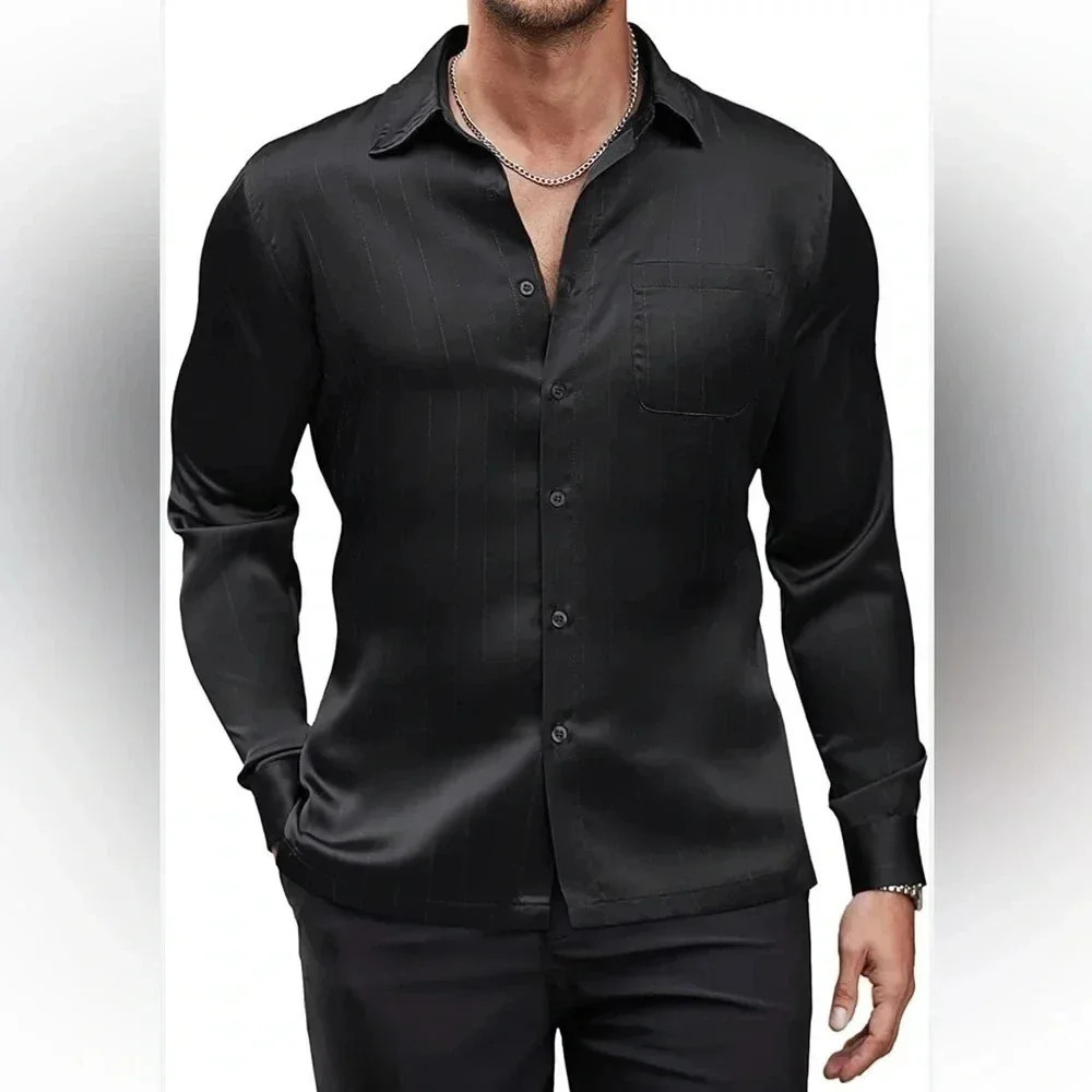 Coofandy Black Pinstripe Satin/Silky Look  Ling Sleeve Dress Shirt Size Small